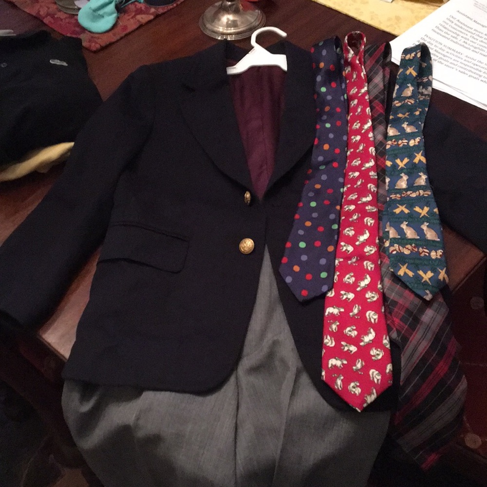 Boys navy blazer & boys gray trousers &5 boys ties
